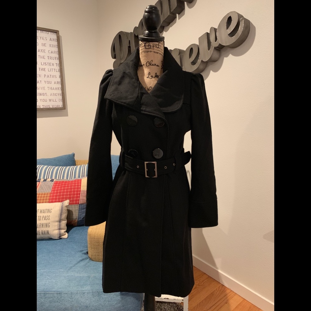 NEW GUESS Black Wool Blend Belted Peacoat - M